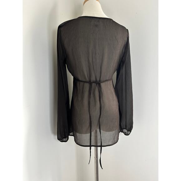 Ann Taylor Loft Dark Brown Sheer V Neck Crochet Long Sleeve Blouse Womens US 2 - Picture 4 of 5